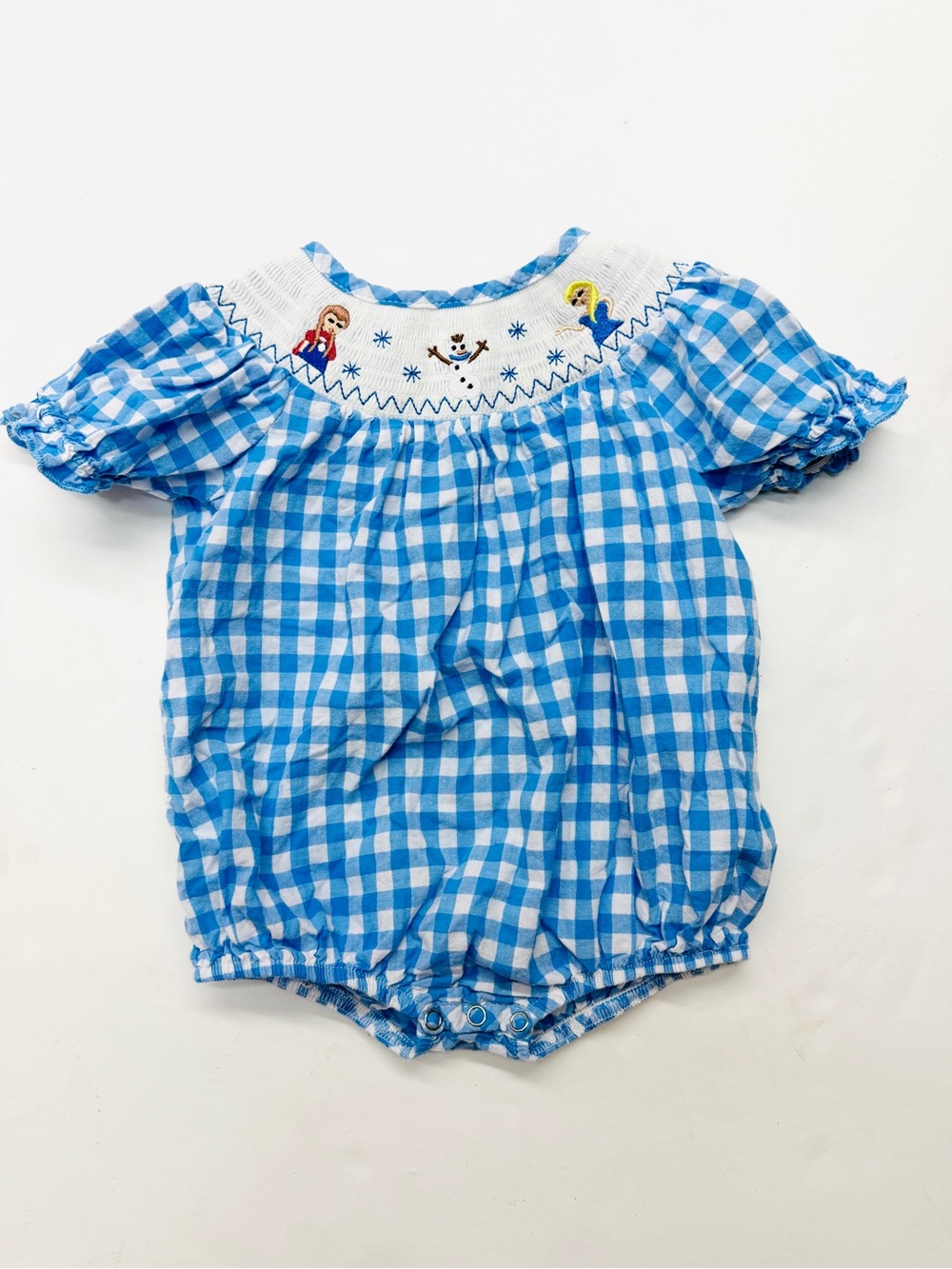 Frozen Disney Elsa Anna Olaf Blue Gingham Smocked Baby Romper One Piece Cotton